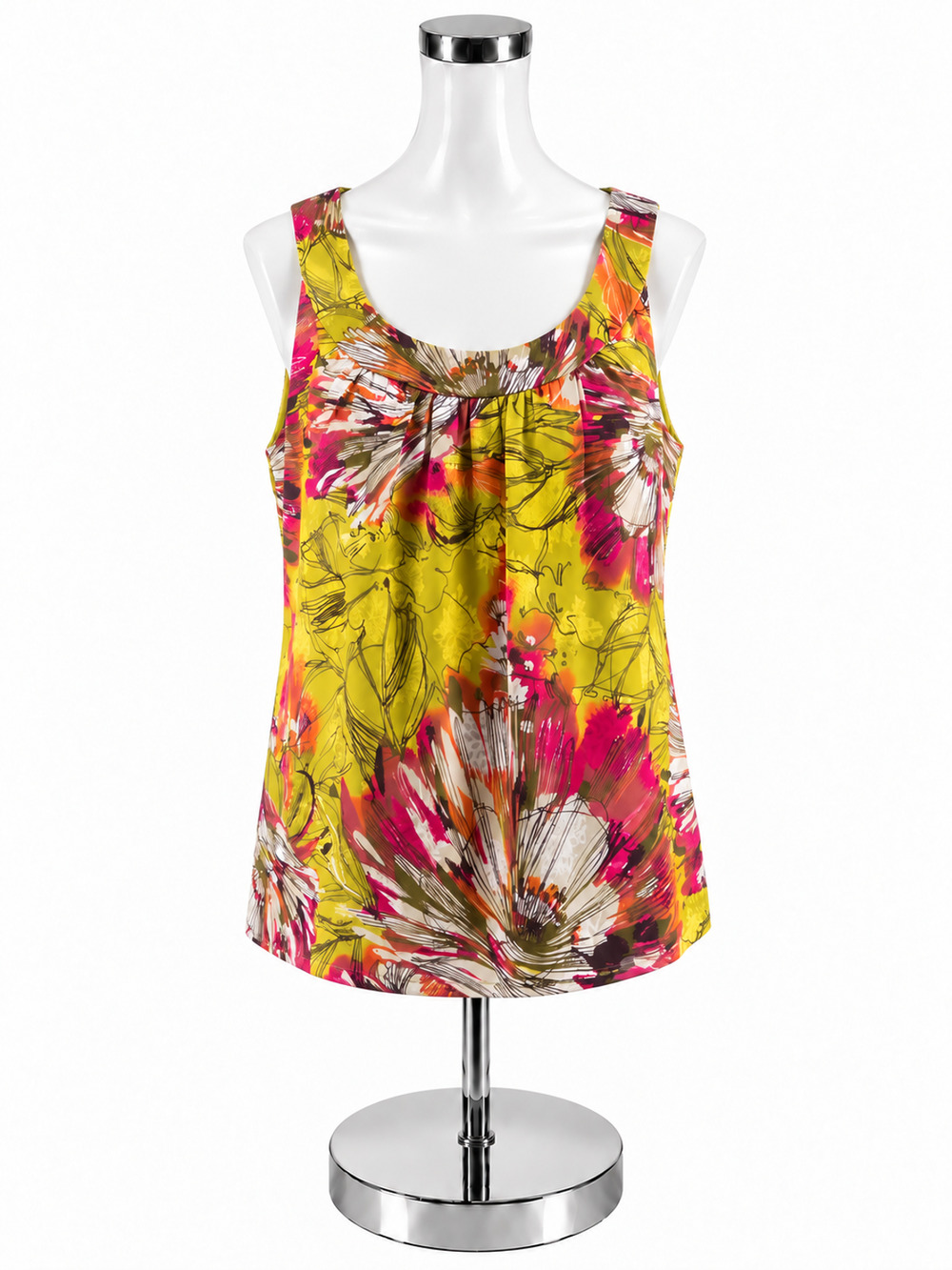 St. John Floral Print Pleated Silk Shell Top Green Pink Size Small